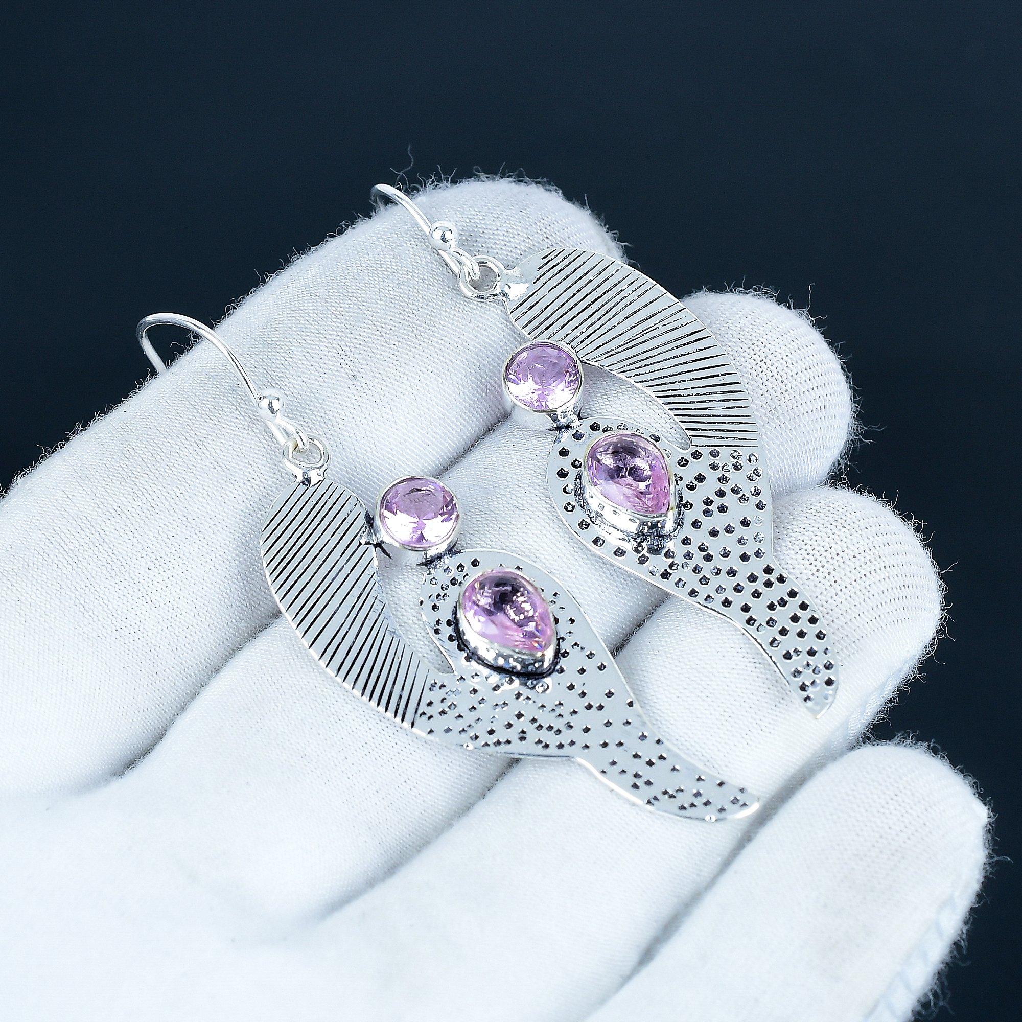 

Beautiful Pink Kunzie Gemstone Earrings, 925 Sterling Silver Earring, Handmade Boho Silver Jewelry Dangle Earrings, Wadding Gift 7 Cm розовый