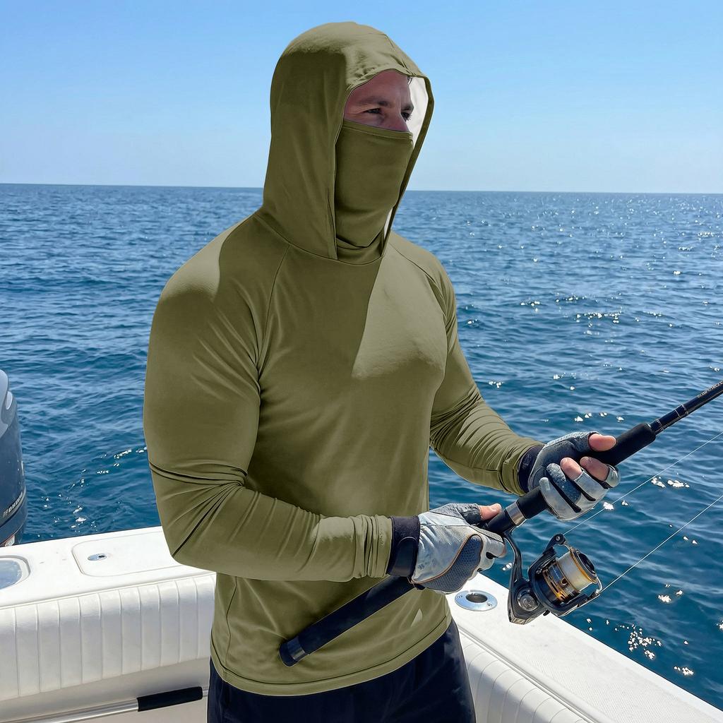 Men’s Long Sleeve Hooded Shirt with Face Cover Lightweight Breathable Athletic Pullover for Outdoor Sports Activities