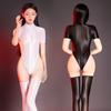 Sexy Oil Shiny Sheer Short Sleeves Bodysuit Women Erotic Lingerie Jumpsuit Stockings Set Transparent Leotard Sex Bondage Costume
