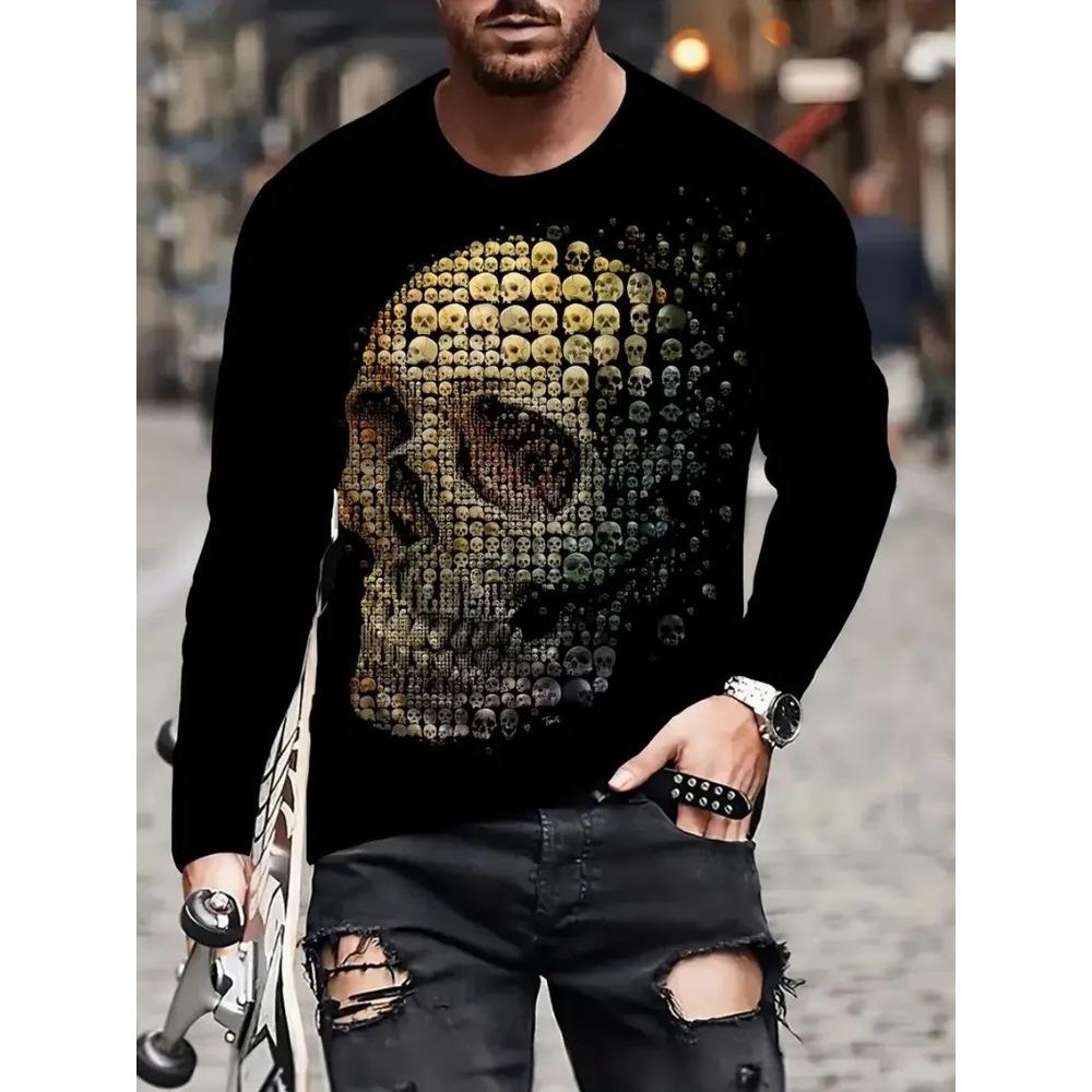Frühling Sommer Mode Herren Totenkopf 3D Gedrucktes T-Shirt Bequem Weich Atmungsaktiv Locker Groß Lässig Sport Vielseitig Rundhals Langarm T-Shirt