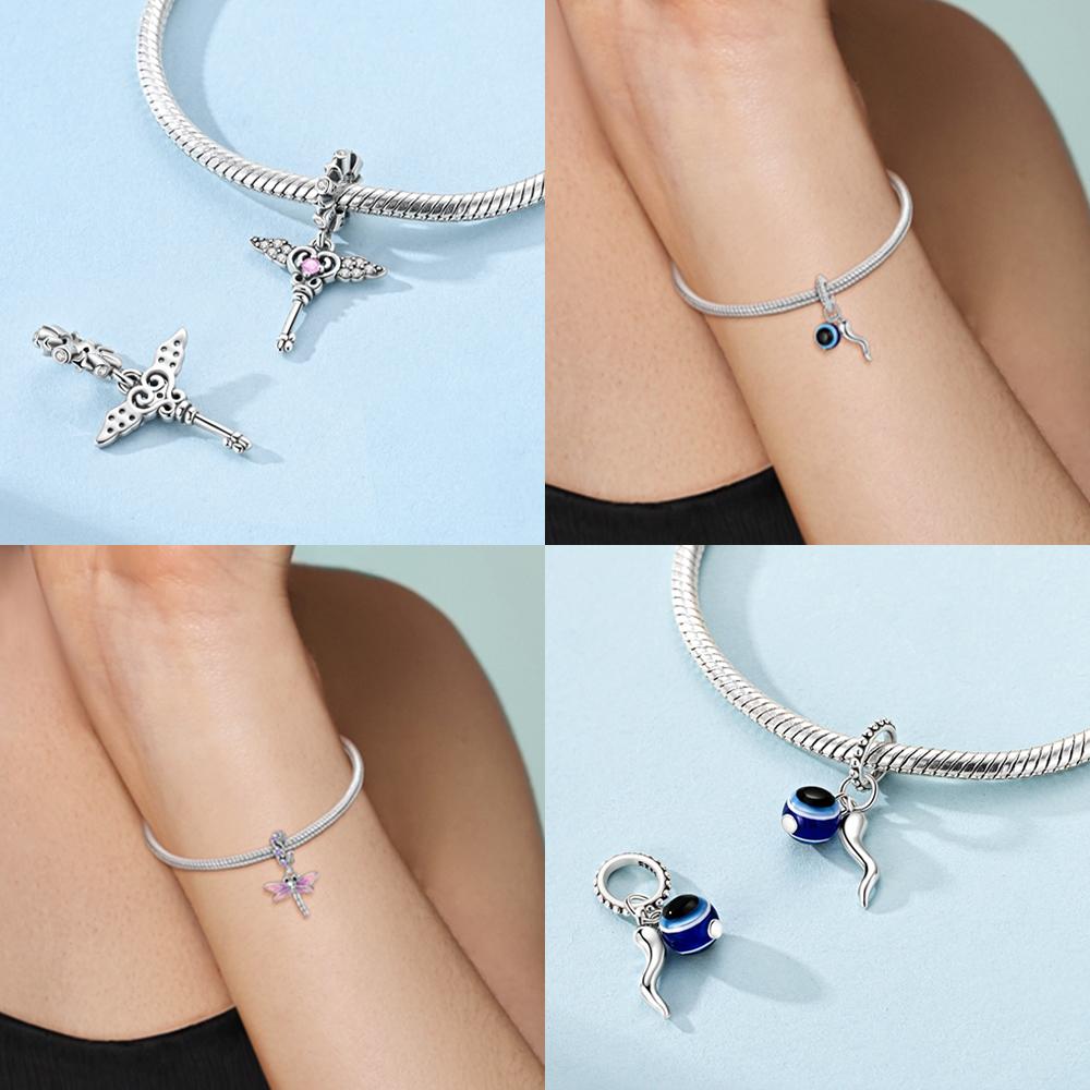 Original Copper Wing Love Key Pendant Blue Eye Demon Pink Dragonfly Bead Fit Bracelet Women Jewelry Accessory Fine Gift