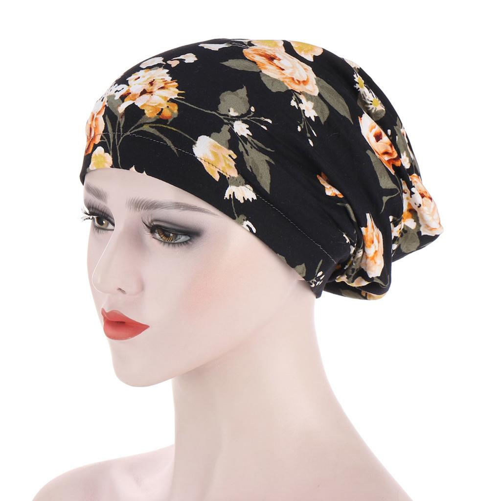 Soft Stretch Cotton Muslim Underscarf Cap Floral Pattern Lightweight Breathable Head Covering for Women Slouchy Beanie Chemo Hat