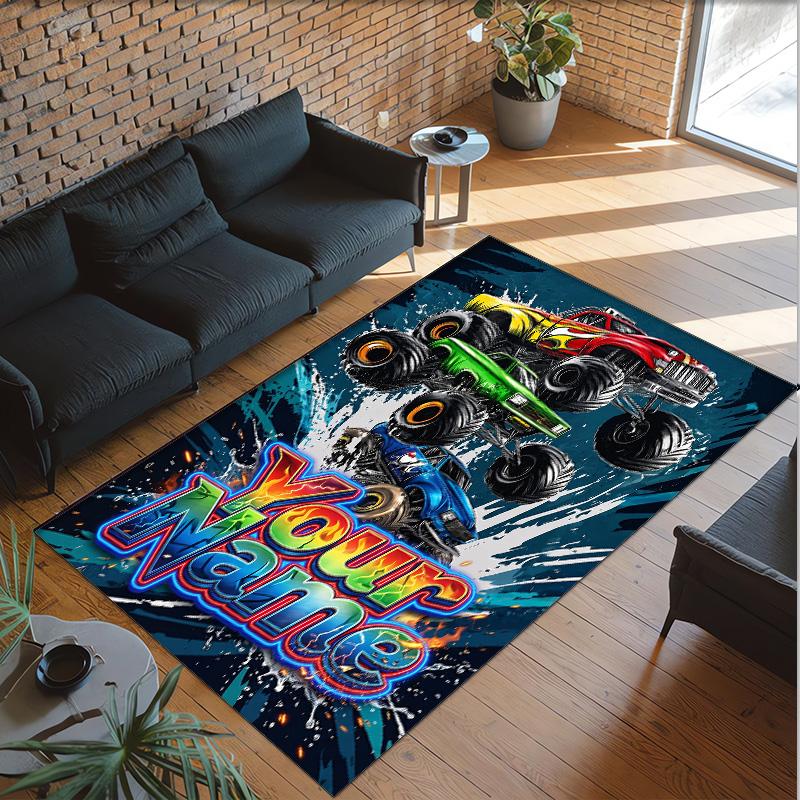Monster Truck Theme Crystal Velvet Rug Personalized Custom Name Text Soft Floor Mat Home Decor
