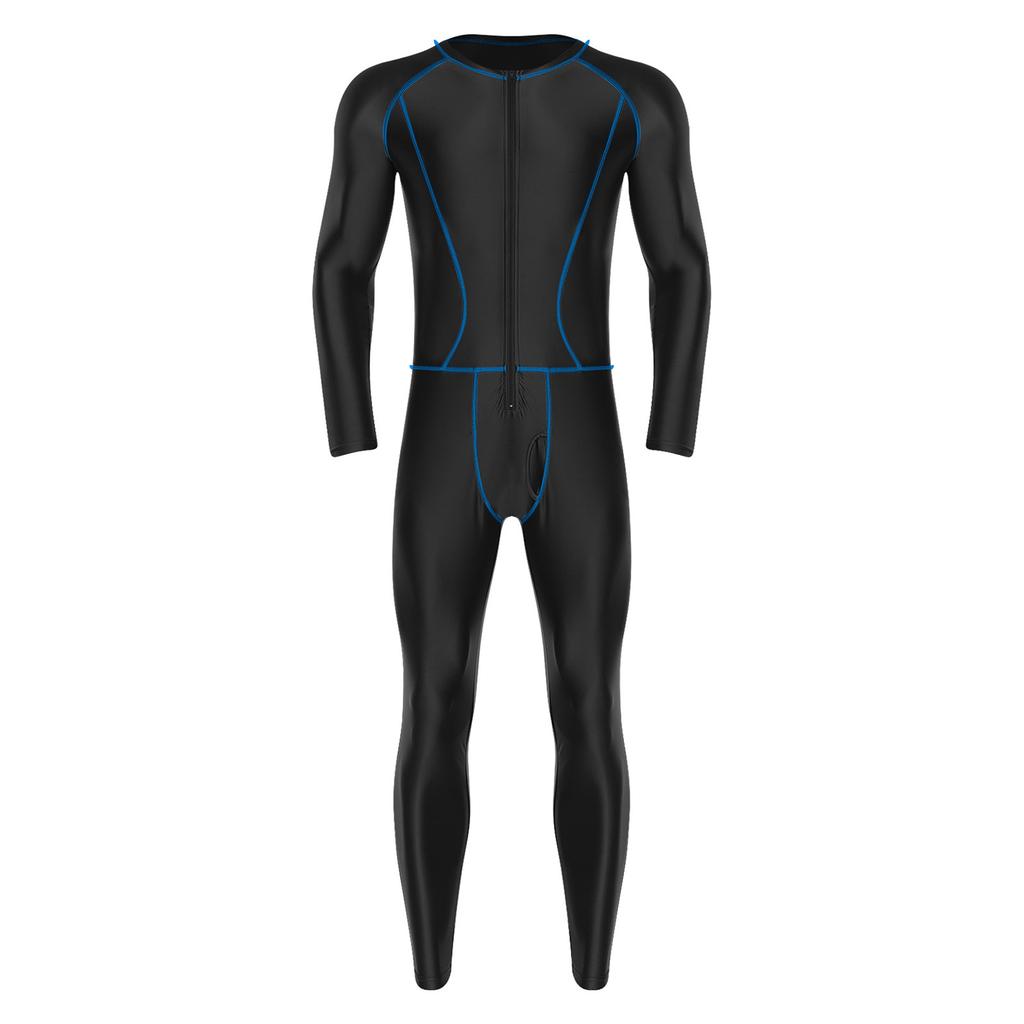 Glänzender Kompressions-Jumpsuit für Herren, Slim Fit, Außen mit flachen Nähten, Reißverschluss vorne, Langarm, Lange Hosen, Yoga-Romper