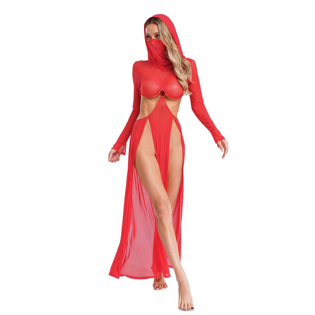 Women Sheer Maxi Dress High Slit Design Hooded Face Cover Long Sleeves Hollow Out Mesh Coverup Gown