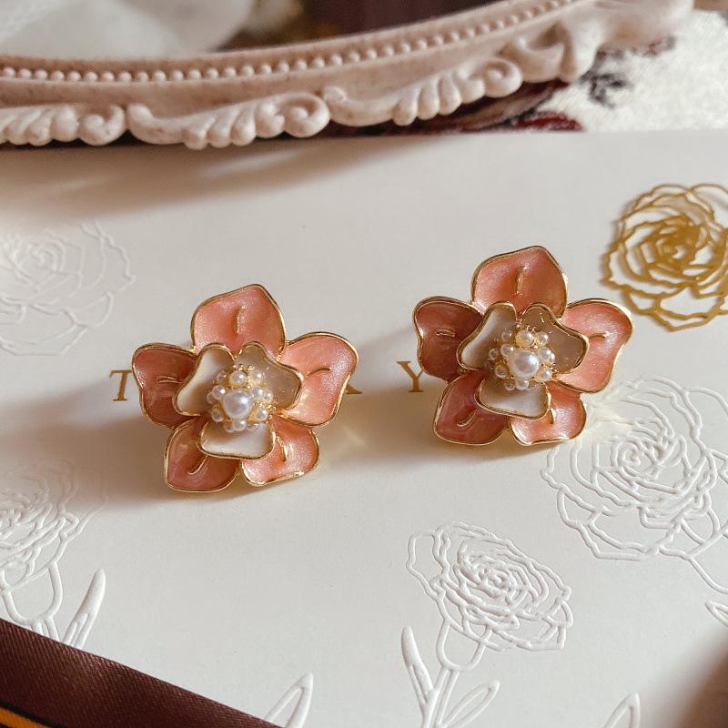 2023 S925 Sterling Silver Camellia Pearl Enamel Stud Earrings - Ultra-Fairy, Versatile, High-End Ear Jewelry