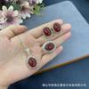 Natural Red Agate Jewelry Set Women Vintage Style Necklace Ring Earrings Trio With Gold Plated Snake Chain