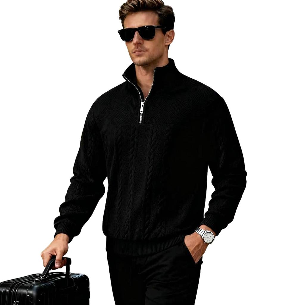 Men's Knitted Pullover Sweater Half Zip Stand Collar Cable Knit Pattern Long Sleeve Casual Winter Warm Sweatshirt