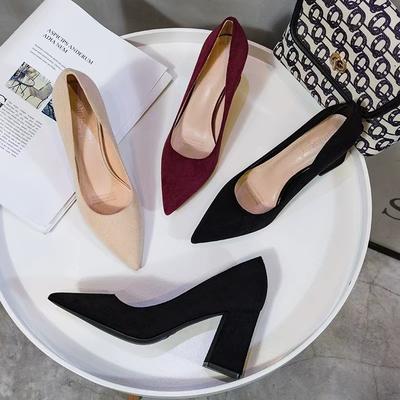 Fashion Single Shoes Women's Korean Version of the New Pointed Suede Thick High-heeled Single Shoes Shallow Temperament Workplace OL Women's Shoes