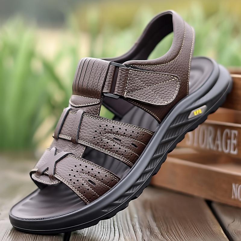 Summer new men's sandals cowhide beach shoes casual platform slippers Velcro white men's leather sandals