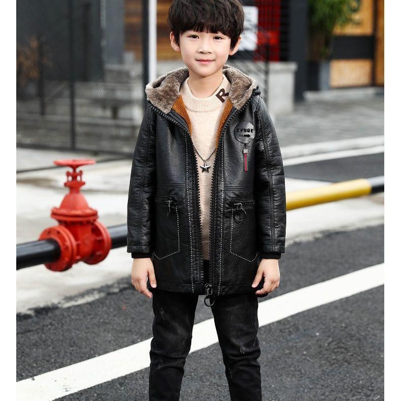 Lässige Jungen-Lederjacke mit Fleecefutter für Herbst/Winter – Mittellange, verdickte Kinderjacke