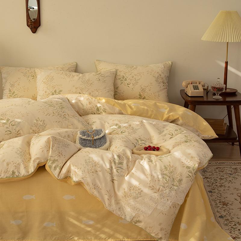 Vierteiliges Bettlaken aus reiner Baumwolle mit Blumenmuster, dreiteiliges Set mit kleinem, frischem Baumwollbett im Prinzessinnen-Stil