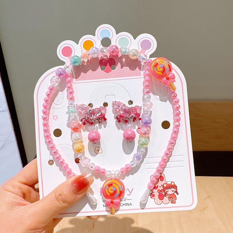 Colorful Pearl Necklace and Jewelry Set: Beaded Bracelet, Cartoon Headband, Earrings - Princess Accessories for Girls