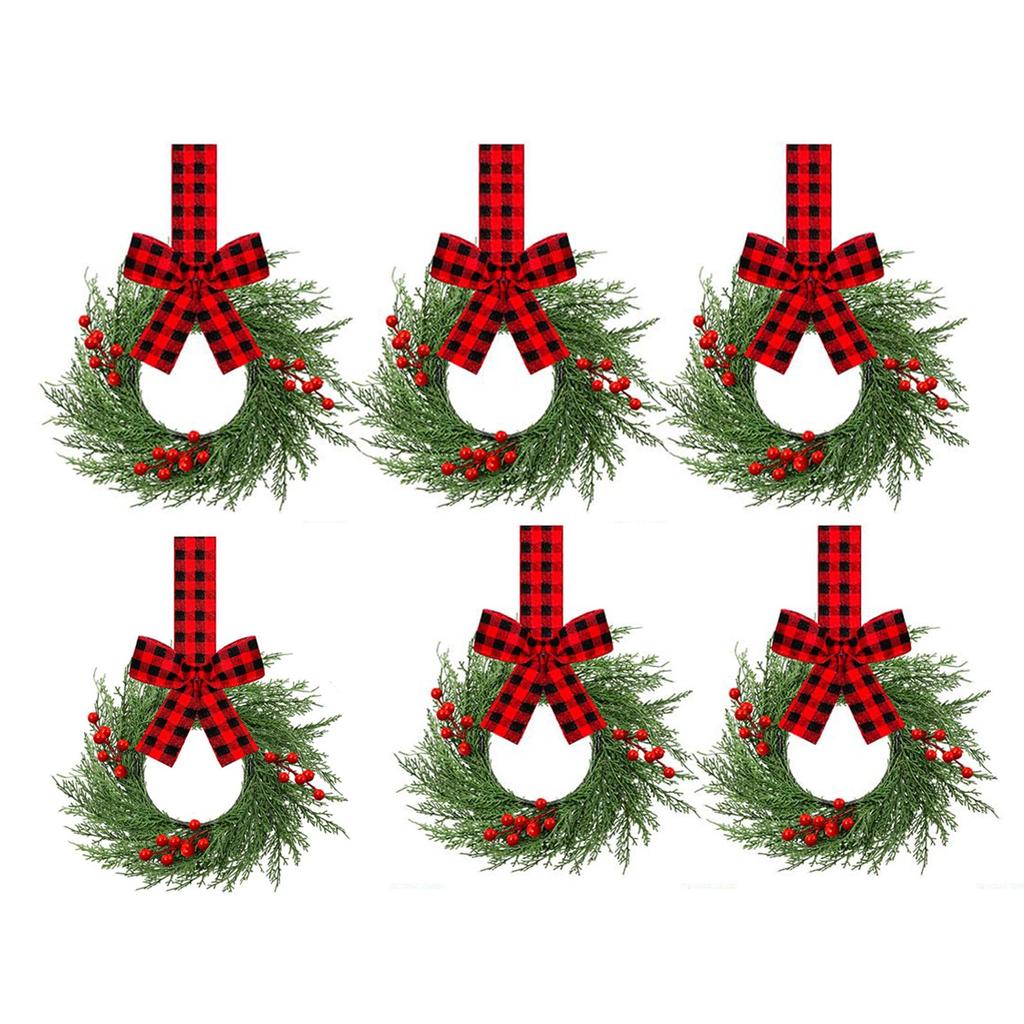 Christmas Kitchen Cabinet Wreaths With Plaid Bow Ribbon Hanging Cabinet Doors Wreaths Decorative For Kitchen Window Outdoor Indoor Holiday Decor