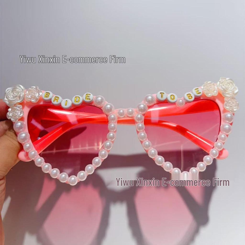 Crystal Heart Bride Sunglasses with Rhinestones & Pearls - Women's Bachelorette Party Accessory