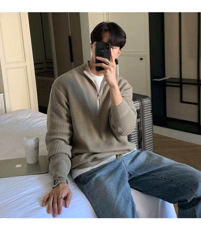 Korean Style Men's Autumn Half Zip Cardigan Sweater - Handsome Versatile Stand Collar Knitted Top Turtleneck Jacket