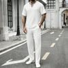 Men's Summer V-neck Waffle T-shirt & Long Pants Streetwear Sports Set