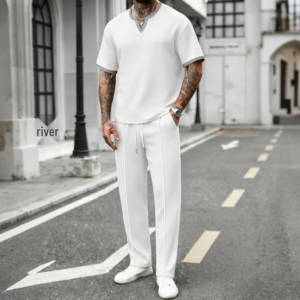 Men's Summer V-neck Waffle T-shirt & Long Pants Streetwear Sports Set