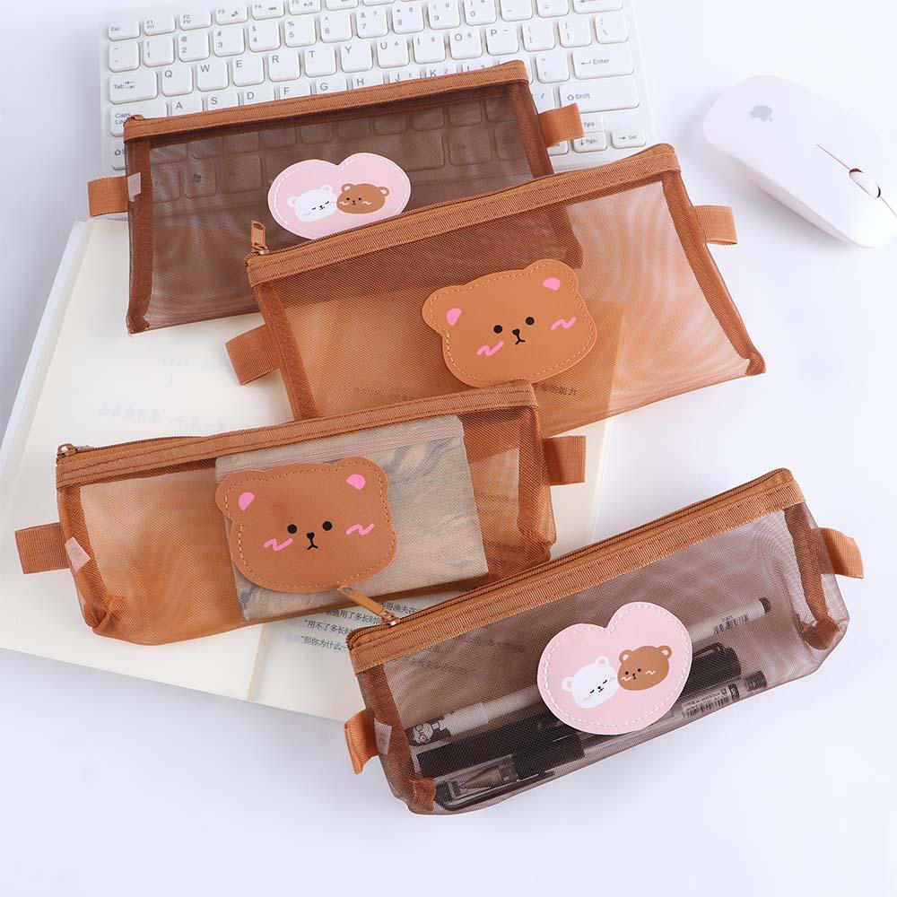 School Supplies Large Capacity Storage Bags Bear Pencil Bags Mesh Pencil Case Kawaii Pencil Bag