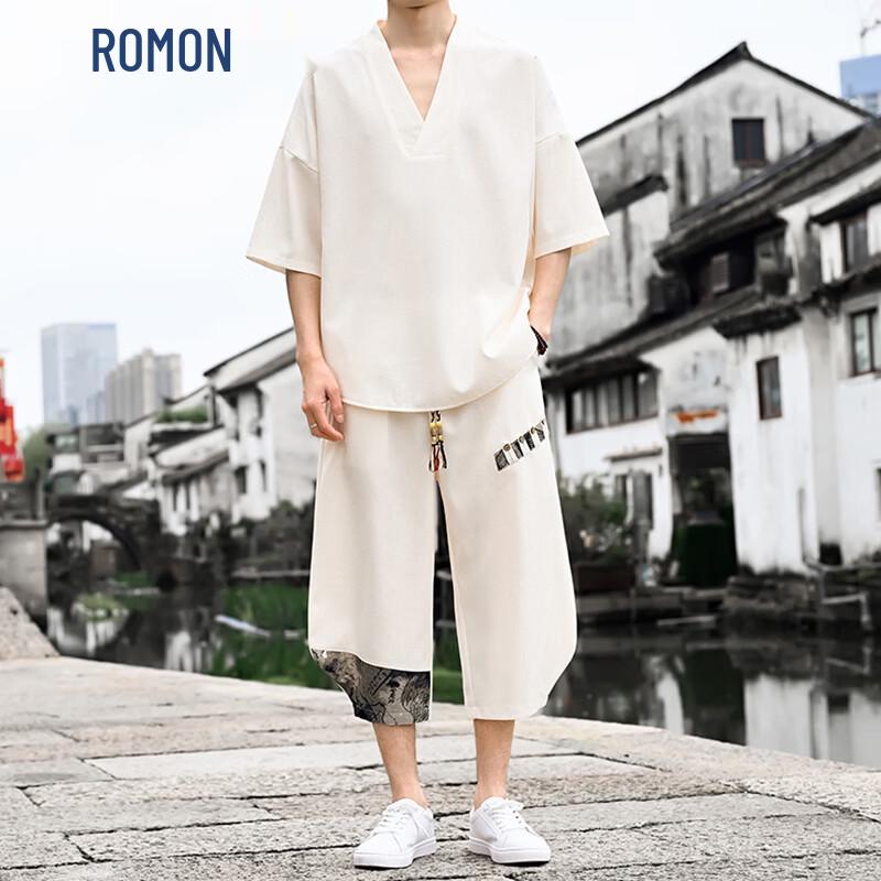 ROMON Men s New Chinese Style Short Sleeve Shirt Set M