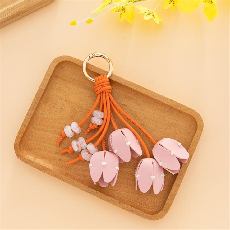 Artistic Tulips Themed Key Accessory Crafted From Leather With Elegant Bead Embellishment