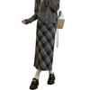Women's Retro Wool Plaid Midi Skirt: Elastic High-Waist, Slimming A-Line with Slit, Ideal for Autumn/Winter.