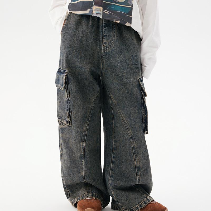 2025 Autumn Kids' Retro Pocket Patchwork Wide-Leg Jeans