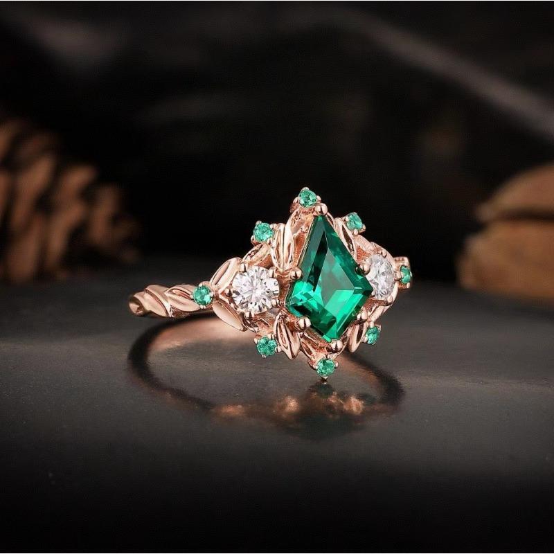 1 Stück Roségold Smaragd Synthetischer Zirkon Ring, Hofstil Mode Ring