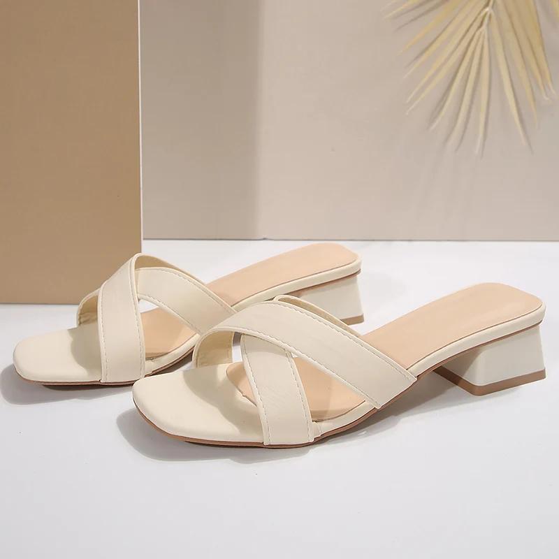Fashion Fashion Cross Strap Low Heel Sandals for Women 2025 Summer Comfortable Thick Heels Slippers Woman Solid Color Square Toe Slides