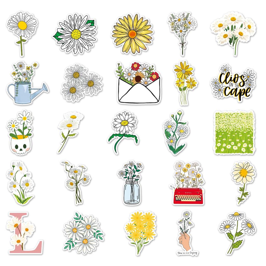 50 Cute Daisy Cartoon Flower Stickers - DIY for Phone Cases or Luggage, 50 Sheets