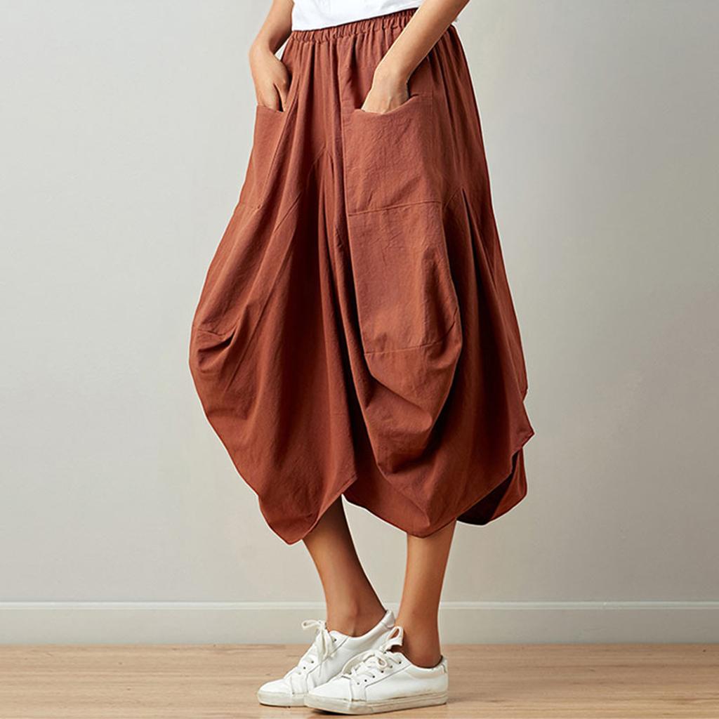 Women's Fashion Summer Solid Color Pocket Skirt Afghan Hippie Ethnic Style Skirt