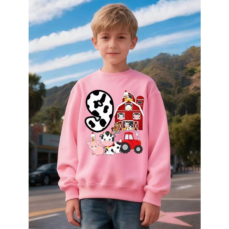Taglie Europee Felpa Girocollo per Bambini con Stampa Carina di Animali della Fattoria e Trattore, Top Grafico Casual alla Moda