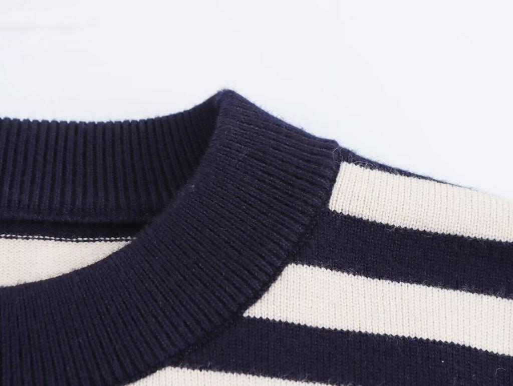 2025 Spring Women's Striped Knit Pullover Sweater - European & American Style, Versatile Round Neck, Long Sleeves