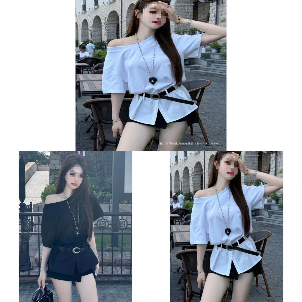 Zomerse Mode Offshoulder Gedeelde Gerimpelde Taille T-shirt Voor Dames