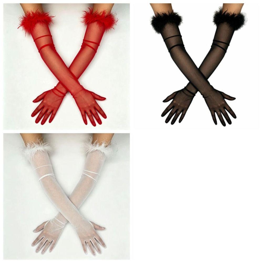 Transparent Feather Gloves Silk Mesh Mittens Slim Bridal Gown Accessories  Photography