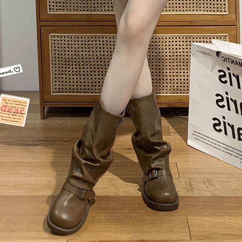 Fashion Luxury Women's Boots Slip on Female Mid-calf Boots Retro Biker Boots Fashion Block Heels Women Shoes Pu Leather Zapatos De Mujer