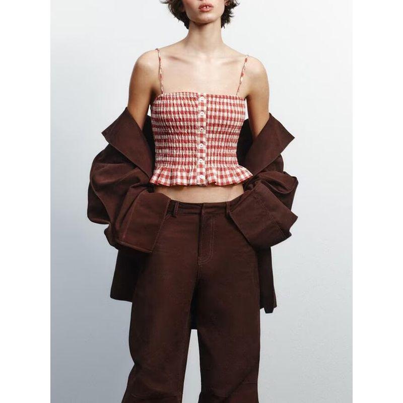 Za2025 Spring New Women's Clothing Sexy Backless Slim-Fit Figure Flattering Gingham Sling Short Top 4661078 061