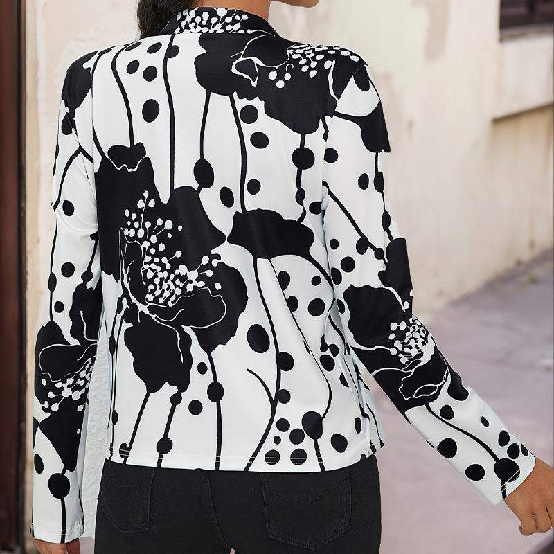 Frühling und Herbst Schwarz-Weiß Blumenmuster Strickjacke Lässige Mode Pendleranzug Langarmjacke Elegantes Oberteil