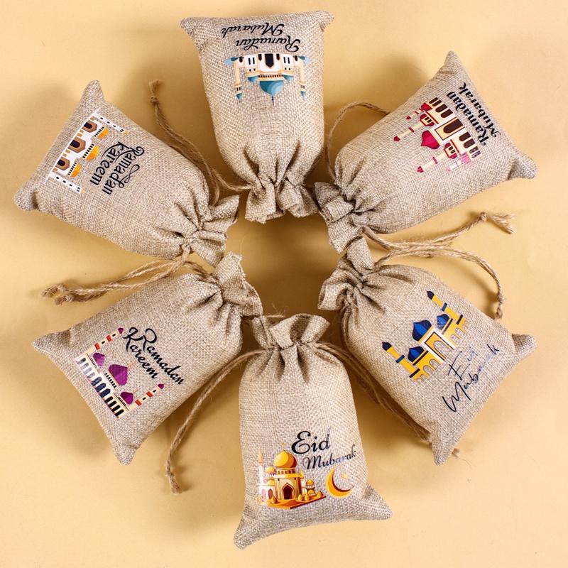 6pcs Eid Mubarak Burlap Gift Bags Candy Bags Ramadan Decor 2026 Islamic Muslim Party Supplies Ramadan Kareem Eid Al-fitr Gifts