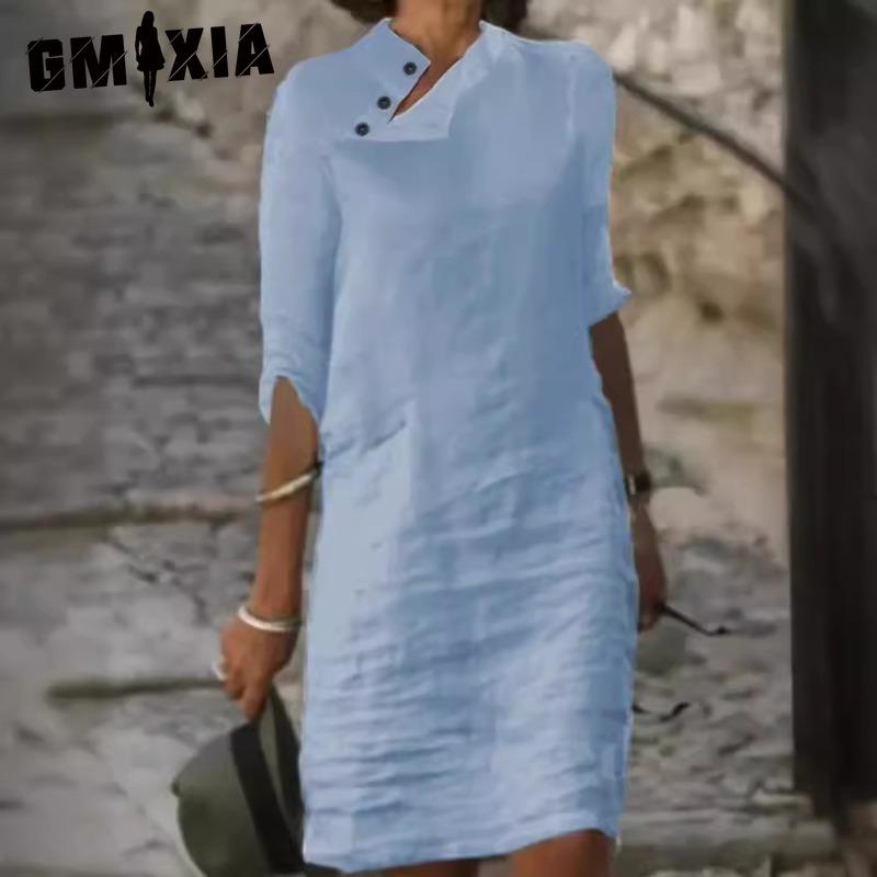 GMXIA Kvinnemote Sommer Våren Ensfarget Print Kortermet Høy midje Fritidskjoler