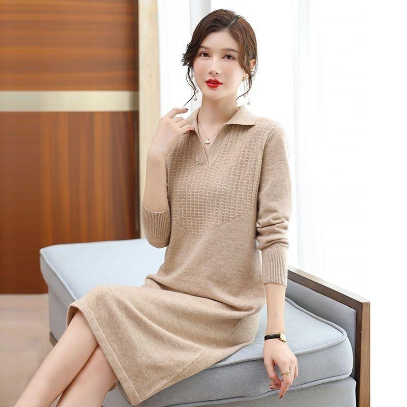 Solid Color Mid-length Knitted Dress for Women Casual Knitted Knitted Sweater Dress for Autumn and Winter Pullover