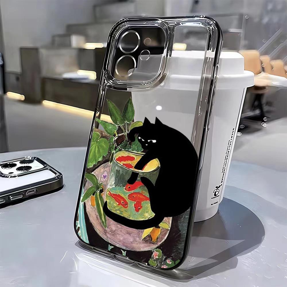 Süße Schwarze Katze Weinflasche Druck Handyhülle für iPhone 17 16 15 14 13 12 11 16E Serie Pro Max Plus Doppelschichtiger Schutz