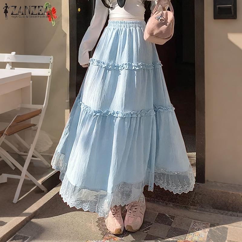 ZANZEA Women Elegant Lace Splice Loose Casual Long Skirt