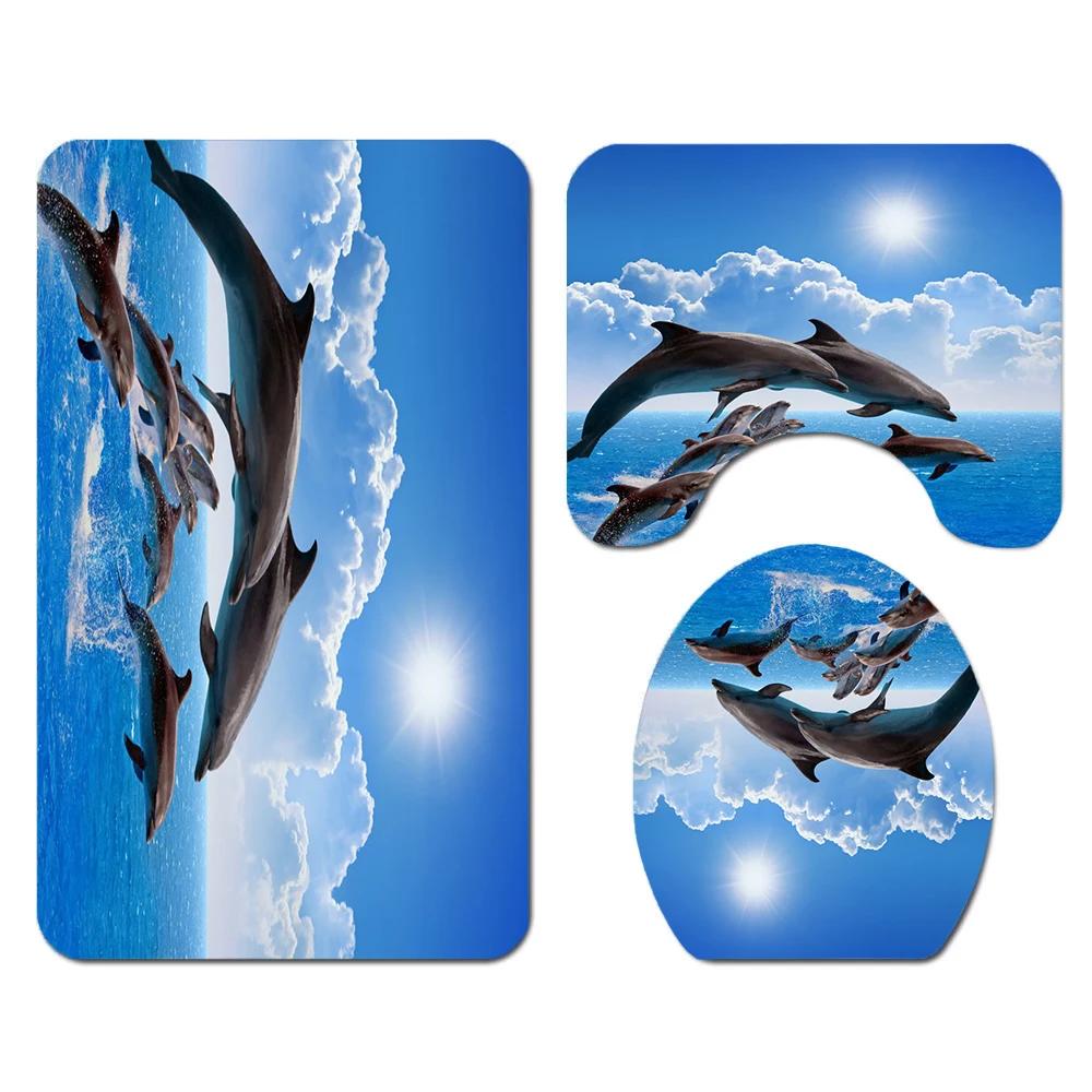3D Ocean Design Dolphin Waterproof Fabric Bathroom Curtain Blue Shower Curtains Set Anti-skid Rugs Toilet Lid Cover Bath Mat