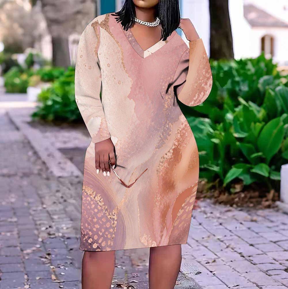 Women Plus Size Marble Print V Neck Long Sleeve Fitted Straight Dress