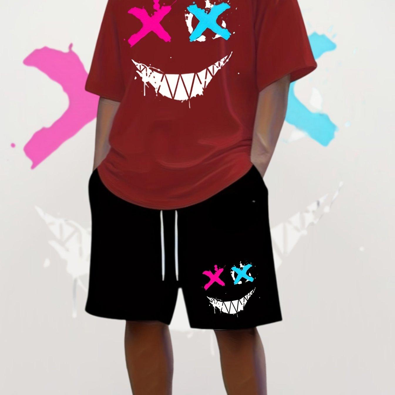 Men S Personalized Graffiti-Printed Casual Suit, Short Sleeve And Shorts with Color-Block  XX  And Grinning Face Patterns. Breathable for Summer S красный