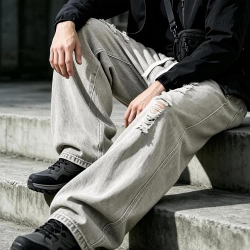 Men's Baggy Ripped Wide Leg Jeans with Elastic Waist, Streetwear for Spring and Fall