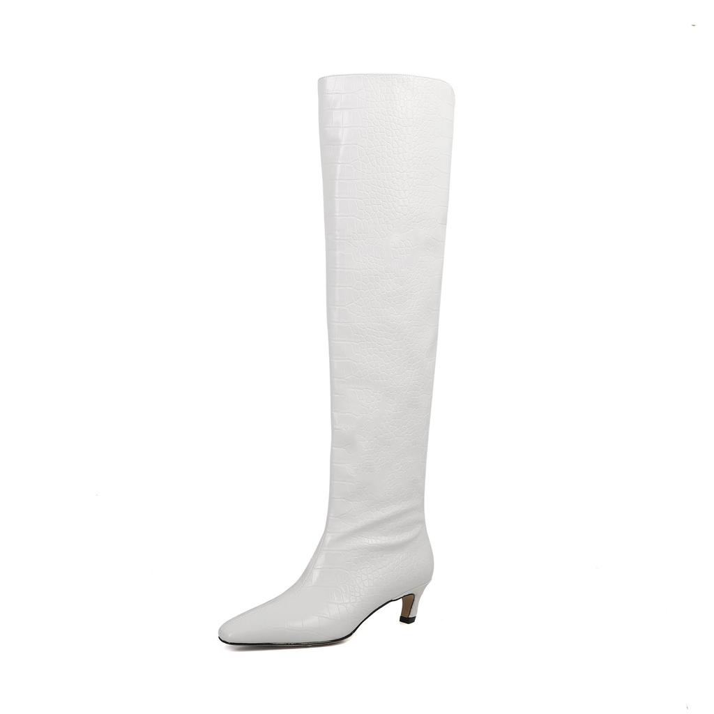 Krazing Pot PU Autumn Winter Shoes Square Toe Med Heels Slip on Western Boots Pleated Decoration Women Thigh High Boots
