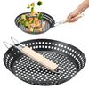 1Pc Grilling Skillet Non-stick Coating Frying Pan Folding Grill Pan Perforated Food Plate with Wooden Handle for Camping Kitchen