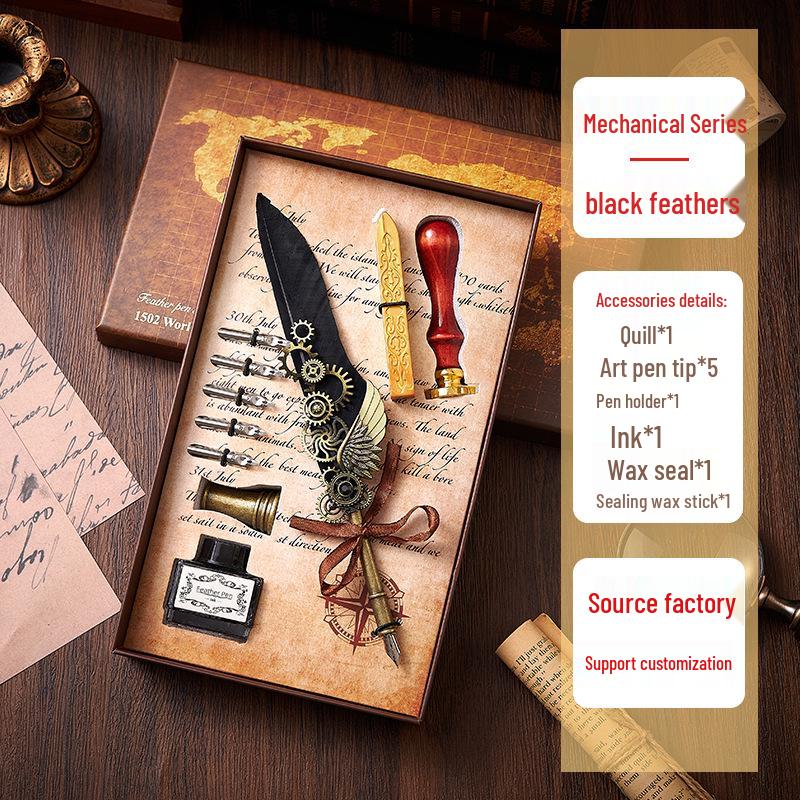 Set stilou cu peniță din pană retro european, cu stil punk mecanic și sigiliu cu ceară - Cadou ideal de ziua de naștere